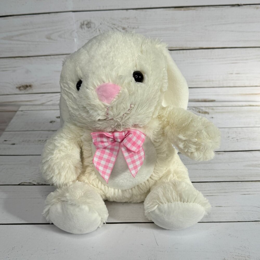 Inter-American 9"‎ White Plush Bunny Rabbit Stuffed Animal With Pink Gingham Bow